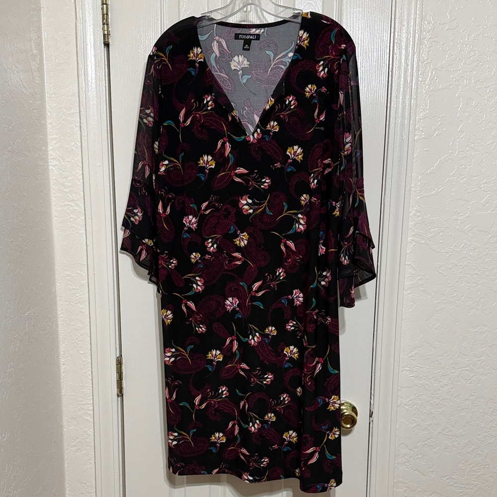 Roz & Ali Black Midi Dress with Burgundy and Pink Floral Print